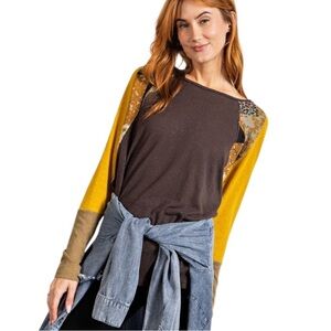 NWT Easel Gray Yellow Tan Leopard Floral Mixed Print Raglan Long Sleeve Tee - S
